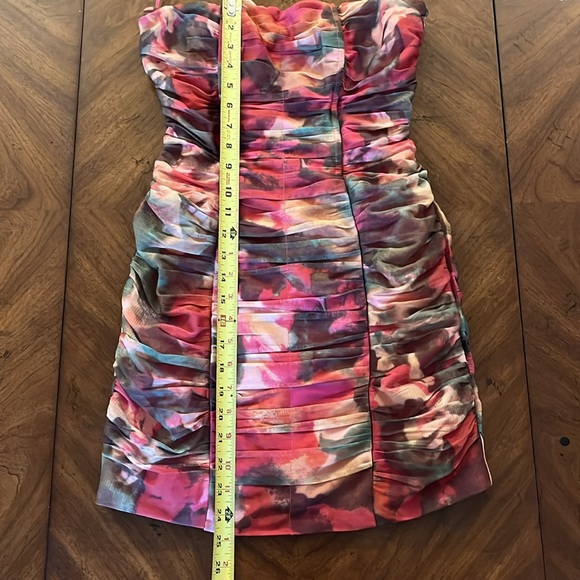 Strapless Bodycon Mini Abstract Floral Ruched Tulle Sz 0 - Picture 8 of 11